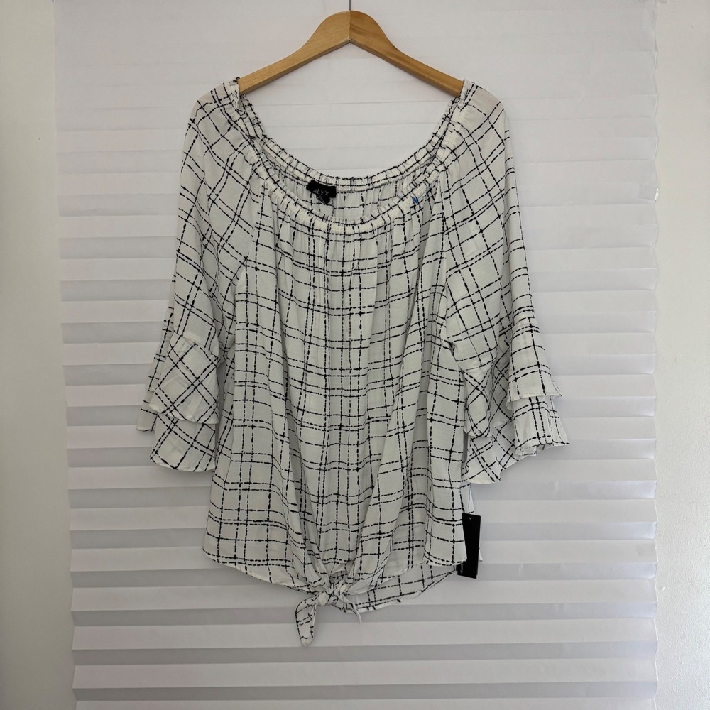 Alyx Women 2X White Black Grid Tie Front Off Shoulder Bell Sleeve Blouse NWT